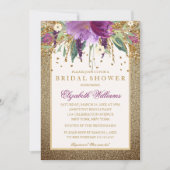金ゴールドきらめくフローラアメジストブライダルシャワー 招待状 (正面)