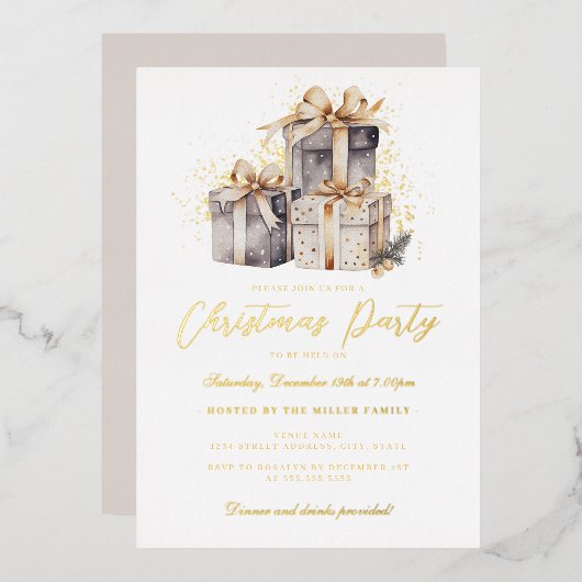 金ゴールドきらめくプレゼントクリスマスパーティー 箔招待状 (正面/裏面)
