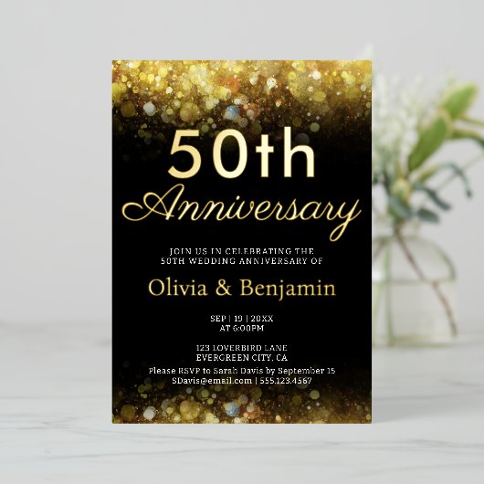 金ゴールドきらめくライト50結婚周年 箔招待状 (立ち正面)