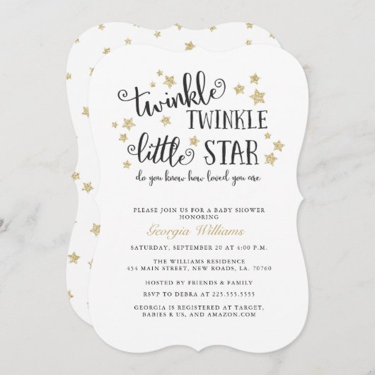 金ゴールドきらめく小さな星の赤ちゃんシャワー 招待状 (正面/裏面)