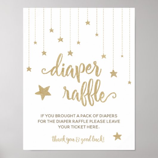金ゴールドきらめく小さな星シャワーおむつラッフルゲーム ポスター (正面)