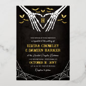 金ゴールドこうもり&スケルトンハートゴシックハロウィン結婚ズ 箔招待状 (正面)