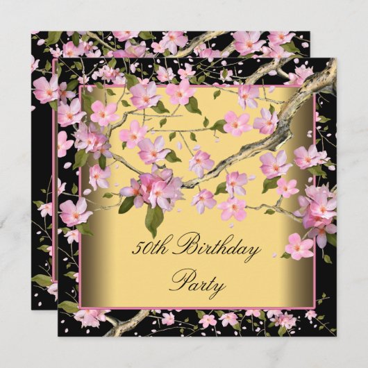 金ゴールドさくらんぼブロッサム女性50th誕生日パーティー 招待状 (正面/裏面)