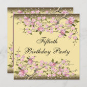金ゴールドさくらんぼブロッサム50番目の誕生日招待状 招待状 (正面/裏面)