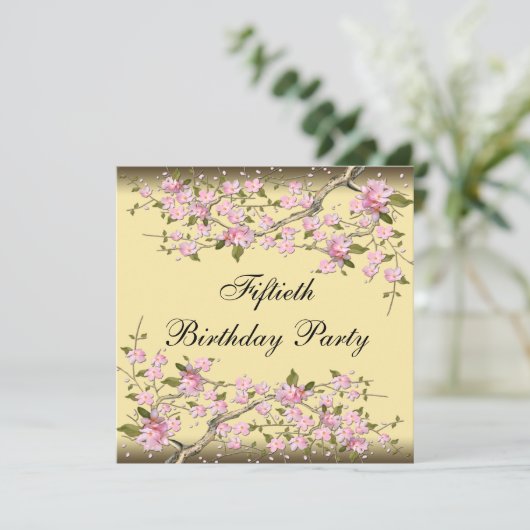 金ゴールドさくらんぼブロッサム50番目の誕生日招待状 招待状 (スタンド正面)