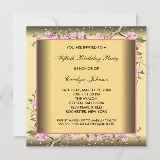金ゴールドさくらんぼブロッサム50番目の誕生日招待状 招待状 (裏面)