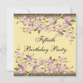 金ゴールドさくらんぼブロッサム50番目の誕生日招待状 招待状 (正面)