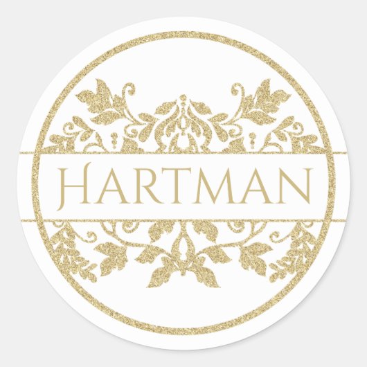 金ゴールドつる植物フローラダマスクエンブレムホワイト ラウンドシール (正面)