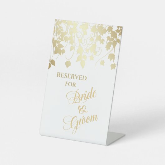 金ゴールドつる植物リーフ縁ど新婦および新郎予約 台座サイン (正面)