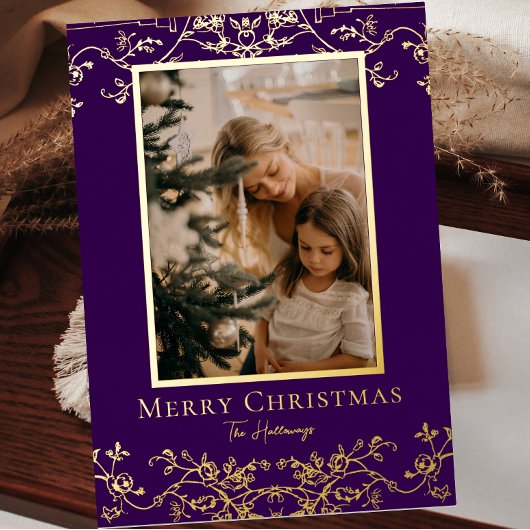 金ゴールドつる植物ワンラージフォトフォイルホリデーカード 箔シーズンカード