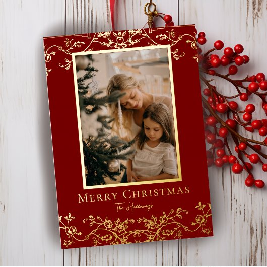 金ゴールドつる植物ワンラージフォトフォイルホリデーカード 箔シーズンカード