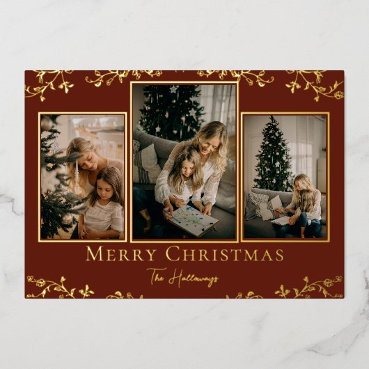 金ゴールドつる植物3フォトフォイルホリデーカード 箔シーズンカード (正面)