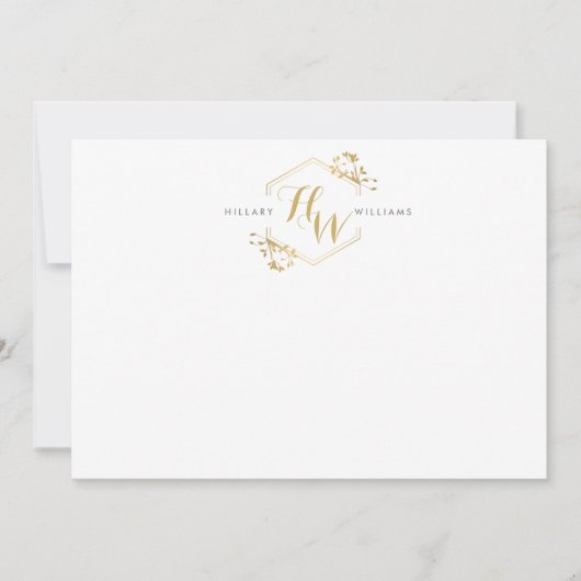 金ゴールドつる植物&リーフモノグラムエンブレムフラットノテカード ノートカード (正面)