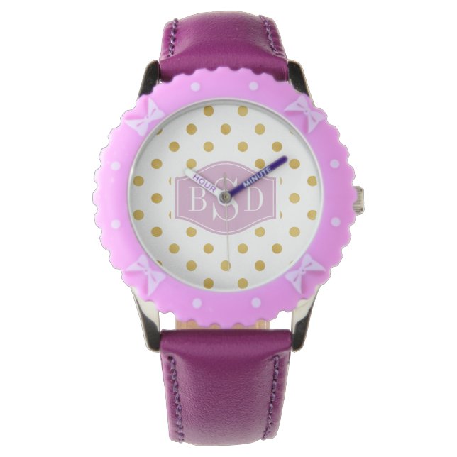 金ゴールドとかわいらし白水玉模様パターンmonogram 腕時計 (正面)