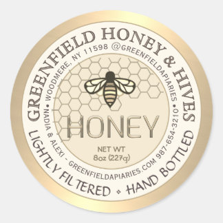 金ゴールドとアイボリーのハニカムと蜂を有するハニーラベル ラウンドシール