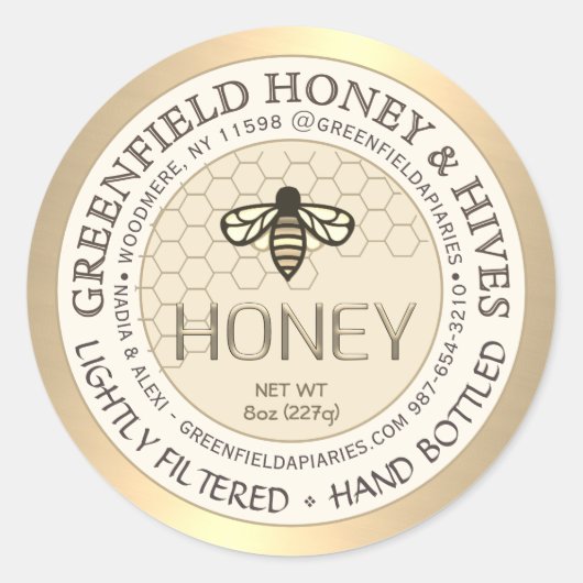 金ゴールドとアイボリーのハニカムと蜂を有するハニーラベル ラウンドシール (正面)
