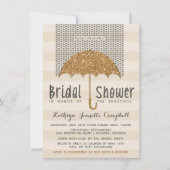 金ゴールドとアイボリーの傘とハートブライダルシャワー 招待状 (正面)