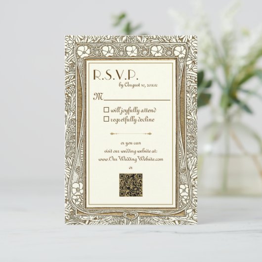 金ゴールドとアイボリーエレガントアールヌーボーR.S.V.P. エンクロージャーカード (スタンド正面)