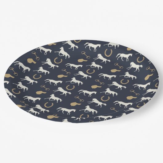 金ゴールドとアイボリー英語の馬のパターン ペーパープレート (アングル)