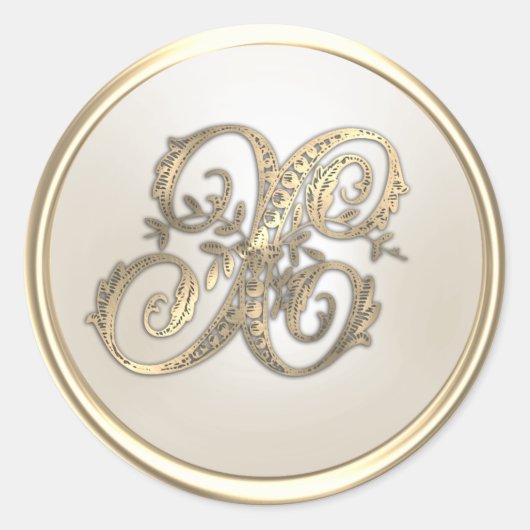 金ゴールドとアイボリー華美イニシャルモノグラムX ラウンドシール (正面)