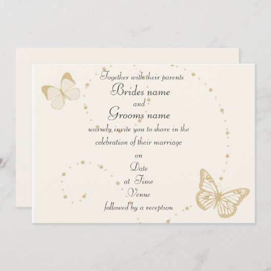 金ゴールドとアイボリー蝶テーマ結婚式招待状 招待状 (正面/裏面)