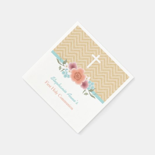 金ゴールドとアクアのフローラスワッグ スタンダードカクテルナプキン (角)