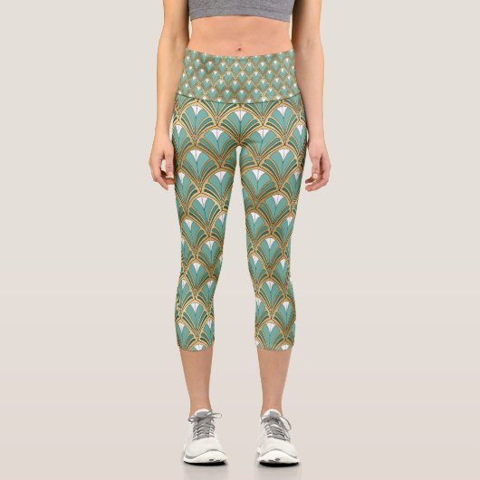 金ゴールドとアクアアールデコ幾何学模様 カプリレギンス (正面)