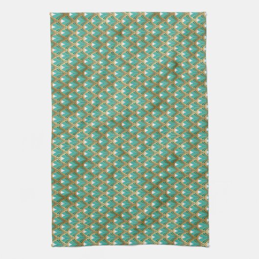 金ゴールドとアクアアールデコ幾何学模様 キッチンタオル (縦)