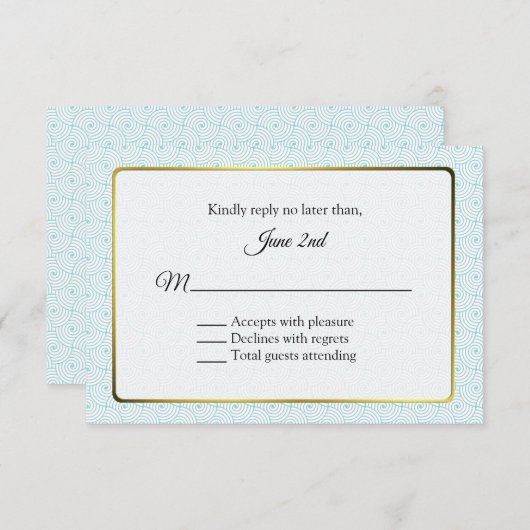 金ゴールドとアクアフレームウェディングRSVP 出欠カード (正面/裏面)