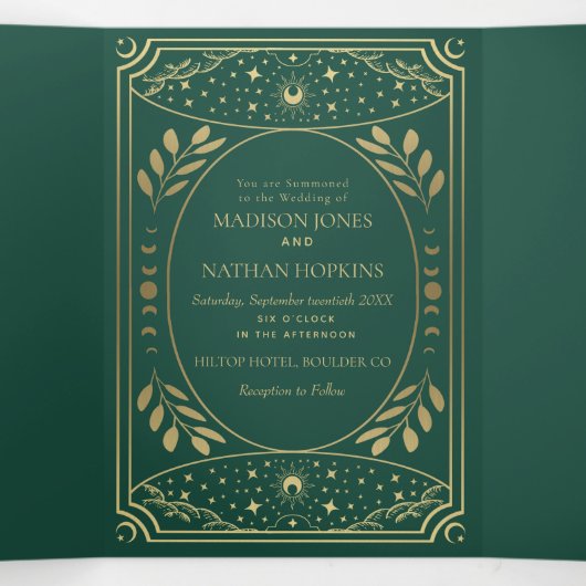 金ゴールドとエメラルドエレガントタロット結婚ズ 三つ折り招待状 (内部中)