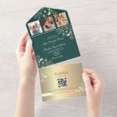 金ゴールドとエメラルド結婚グリーンのQRコード オールインワン招待状 (貼ってはがせる)