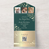 金ゴールドとエメラルド結婚グリーンのQRコード オールインワン招待状 (内側)