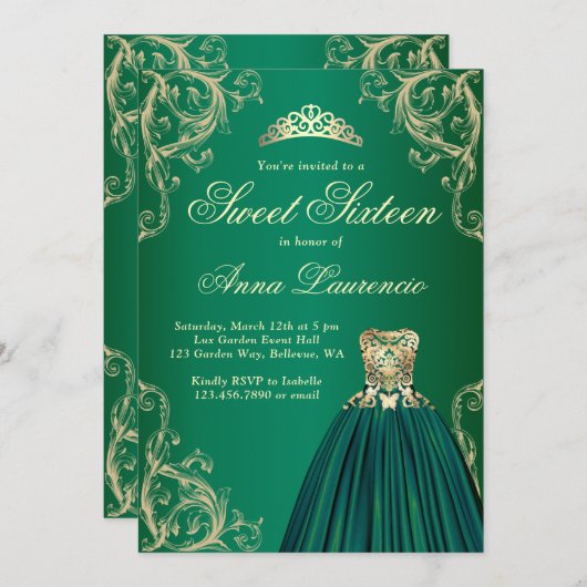 金ゴールドとエレガントグリーンスウィート16誕生日パーティー 招待状 (正面/裏面)