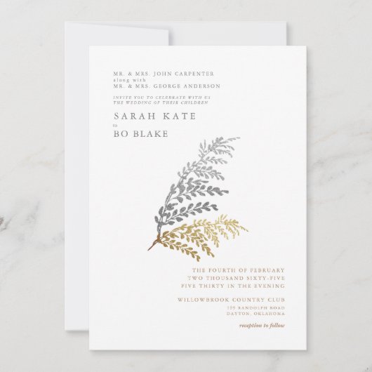 金ゴールドとエレガントシルバーの冬の両親結婚の 招待状 (正面)