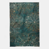 金ゴールドとエレガントティール(緑がかった色)グリーンフローラマンダラパターン キッチンタオル (縦)