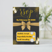 金ゴールドとエレガントブラックウェディングRSVPカード(フローラ付き) 出欠カード (スタンド正面)
