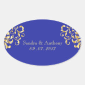 金ゴールドとエレガントブルーダマスクのウェディングステッカー 楕円形シール (正面)