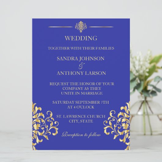 金ゴールドとエレガントブルーダマスクウェディング招待状 招待状 (スタンド正面)