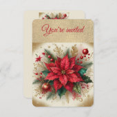 金ゴールドとエレガントレッドポインセチアのクリスマスパーティー 招待状 (正面/裏面)