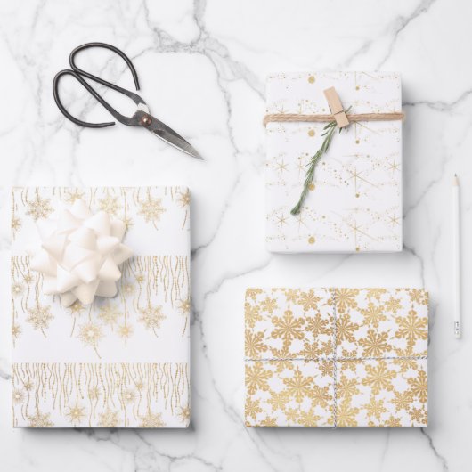 金ゴールドとエレガント白い雪の結晶クリスマス ラッピングペーパーシート (正面)