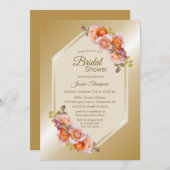 金ゴールドとオレンジ色フローラ水カラーブライダルシャワー 招待状 (正面/裏面)
