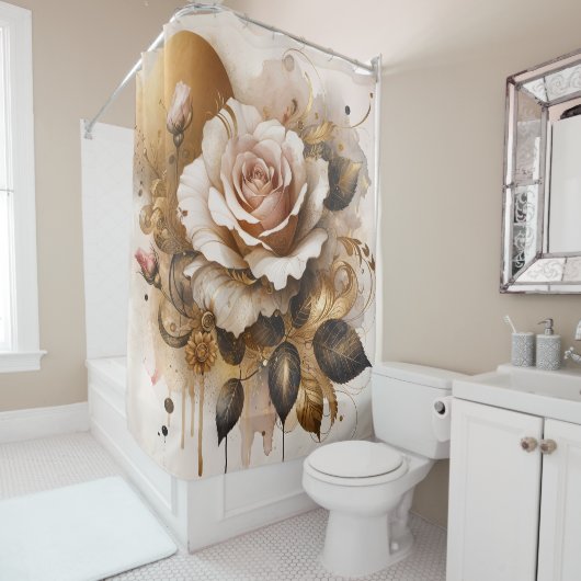 金ゴールドとカシミアバラ シャワーカーテン (インサイチュ)