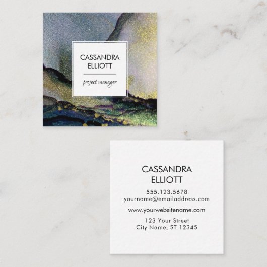 金ゴールドとカラフル抽象芸術アルコールインクリキッドアート スクエア名刺 (正面/裏面)