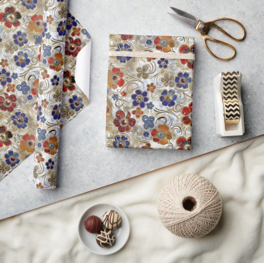 金ゴールドとカラーを使用した3Dメタルフローラはっきりした ラッピングペーパー (クラフト)