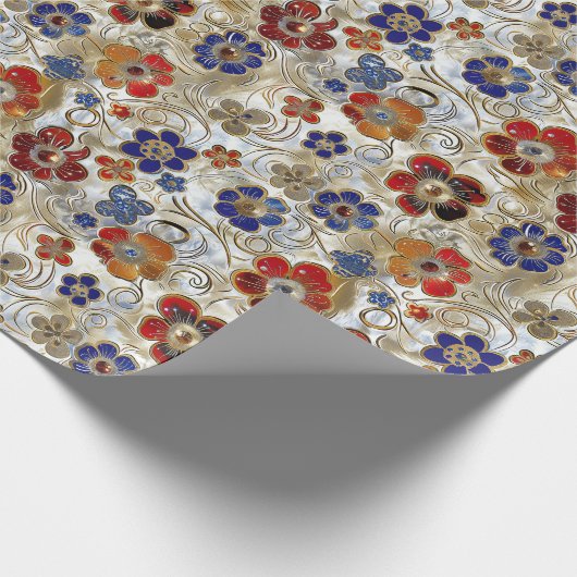 金ゴールドとカラーを使用した3Dメタルフローラはっきりした ラッピングペーパー (角)