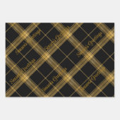 金ゴールドとクリスマス文字ラッピング付きブラックプレイド ラッピングペーパーシート (正面2)