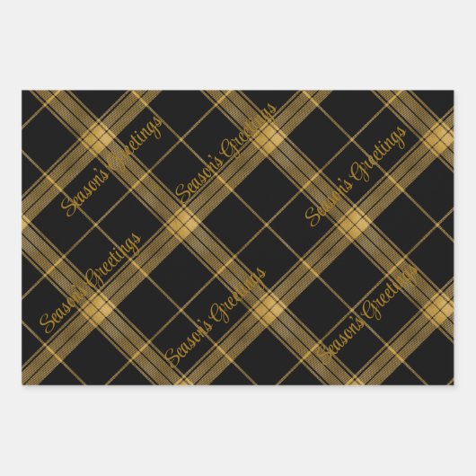 金ゴールドとクリスマス文字ラッピング付きブラックプレイド ラッピングペーパーシート (正面2)