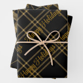 金ゴールドとクリスマス文字ラッピング付きブラックプレイド ラッピングペーパーシート (インサイチュ)