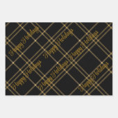 金ゴールドとクリスマス文字ラッピング付きブラックプレイド ラッピングペーパーシート (正面)