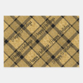 金ゴールドとクリスマス文字付きブラックプレイド ラッピングペーパーシート (正面)